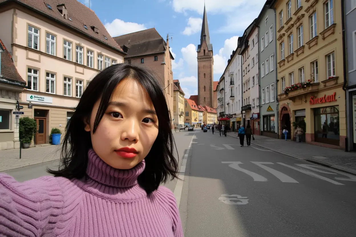 Make her standing on a quiet street in a European town.